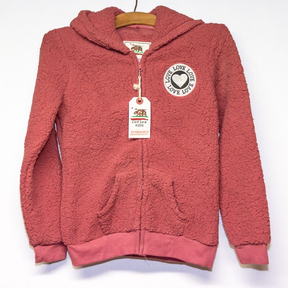 Girls Hooded Zip Up Jacket REFLEX Pink Warm Soft Sherpa Size 14 Large NWT
